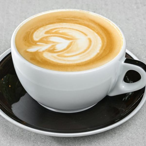 A white cup of latte with a leaf design in the foam, sitting on a black saucer.